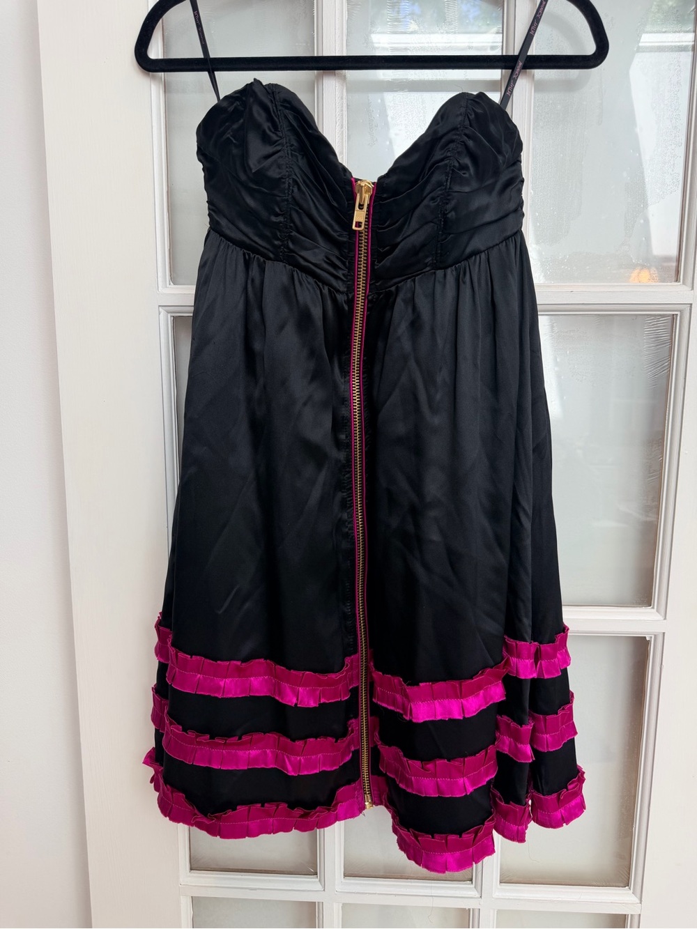 Vintage Betsey Johnson Y2K 90’s Zip Silk Punk Goth Chic Ruffle Mini Dress Size 4